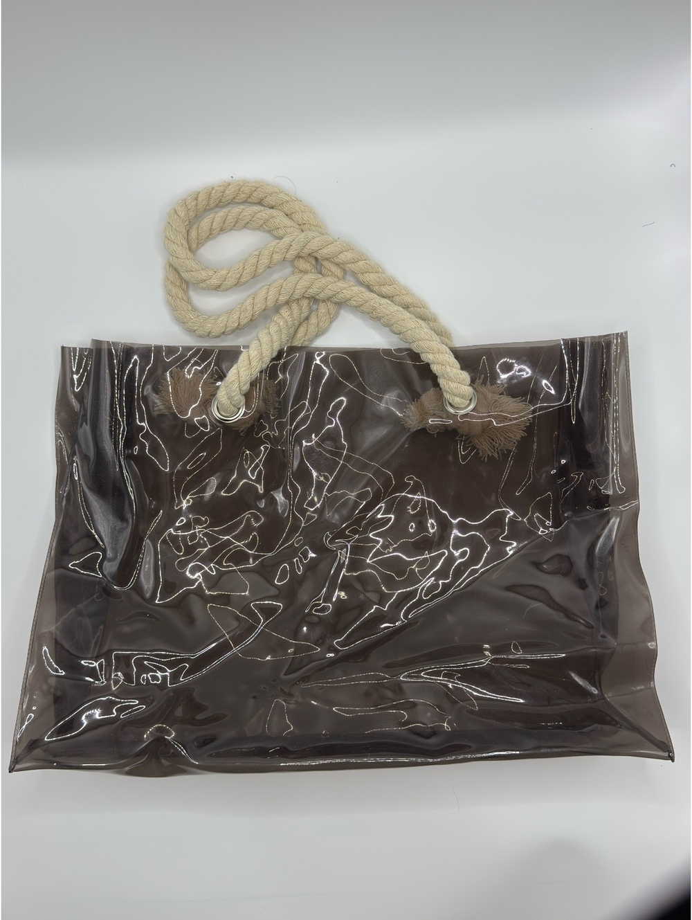Transparent Brown PVC Tote Bag with Cream Rope Handles